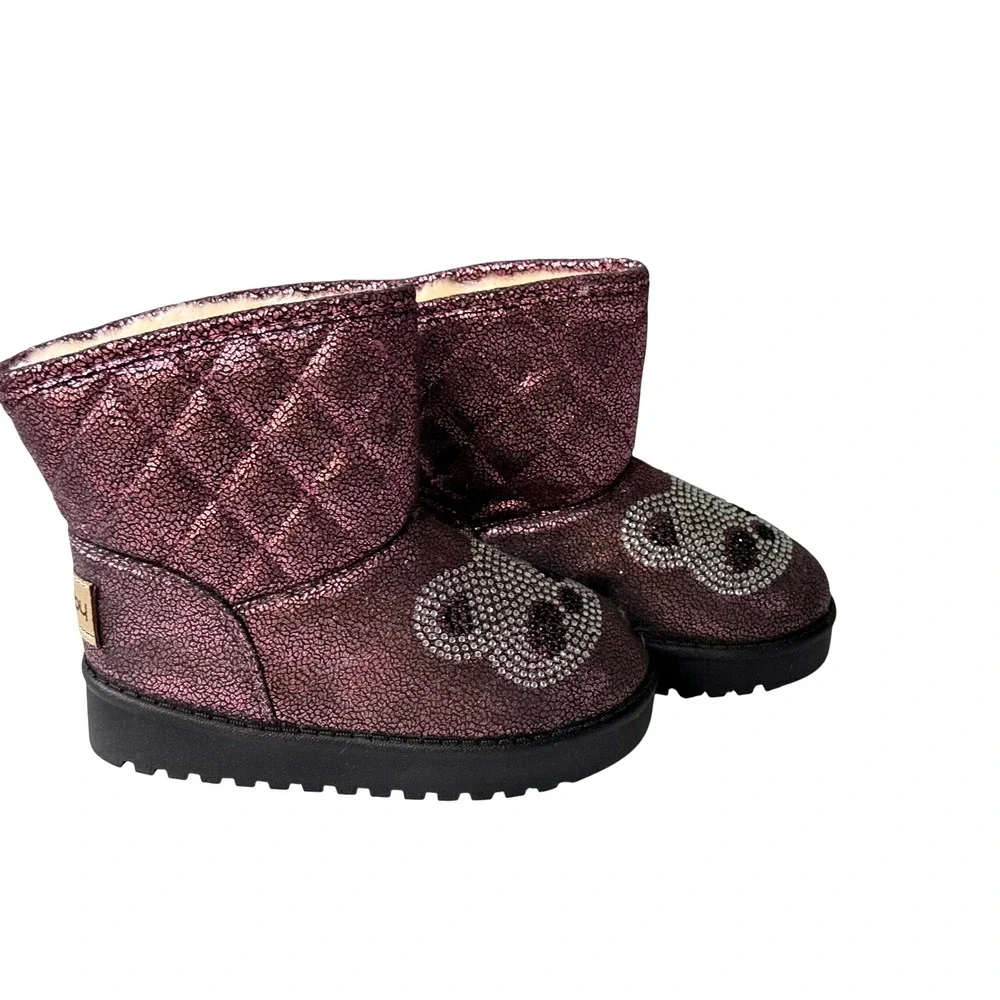 Ld-baby Girls Metallic Purple Quilted Panda Rhinestone Faux Fur Boots Sz 27